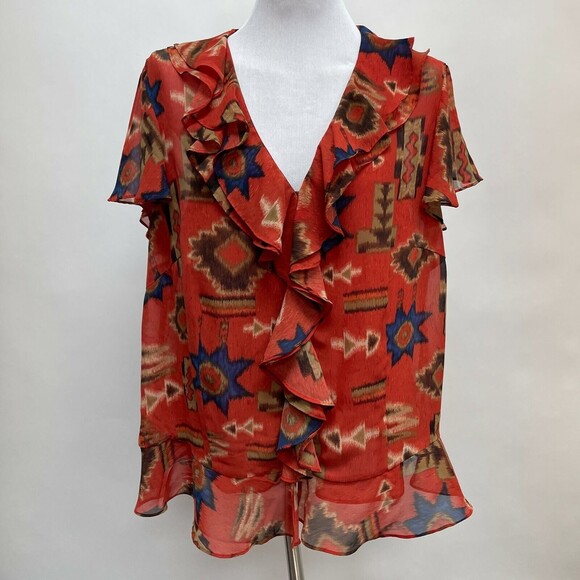 Chaps Denim Women's Top Size 2X Burnt Orange Blue Multicolor 2 Piece Ruffles - Picture 1 of 8